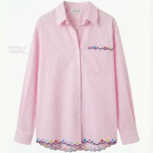 Camisa Rosa Rayada con Bordado Floral